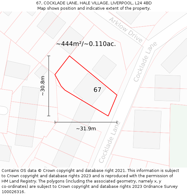 67, COCKLADE LANE, HALE VILLAGE, LIVERPOOL, L24 4BD: Plot and title map