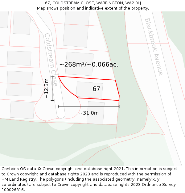 67, COLDSTREAM CLOSE, WARRINGTON, WA2 0LJ: Plot and title map