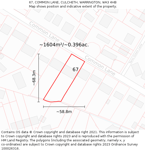 67, COMMON LANE, CULCHETH, WARRINGTON, WA3 4HB: Plot and title map
