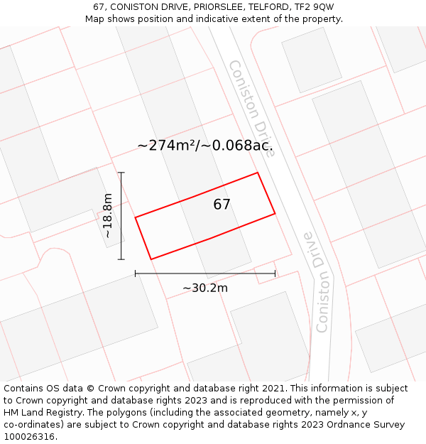 67, CONISTON DRIVE, PRIORSLEE, TELFORD, TF2 9QW: Plot and title map