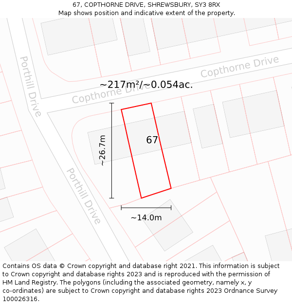67, COPTHORNE DRIVE, SHREWSBURY, SY3 8RX: Plot and title map