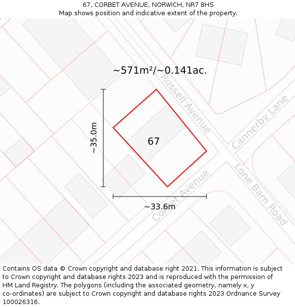 67, CORBET AVENUE, NORWICH, NR7 8HS: Plot and title map