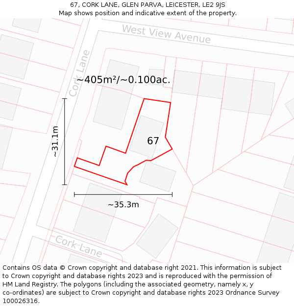 67, CORK LANE, GLEN PARVA, LEICESTER, LE2 9JS: Plot and title map
