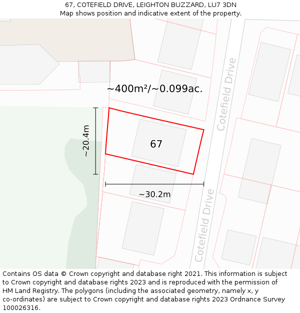 67, COTEFIELD DRIVE, LEIGHTON BUZZARD, LU7 3DN: Plot and title map