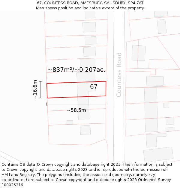 67, COUNTESS ROAD, AMESBURY, SALISBURY, SP4 7AT: Plot and title map