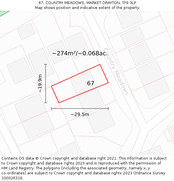 67, COUNTRY MEADOWS, MARKET DRAYTON, TF9 3LP: Plot and title map