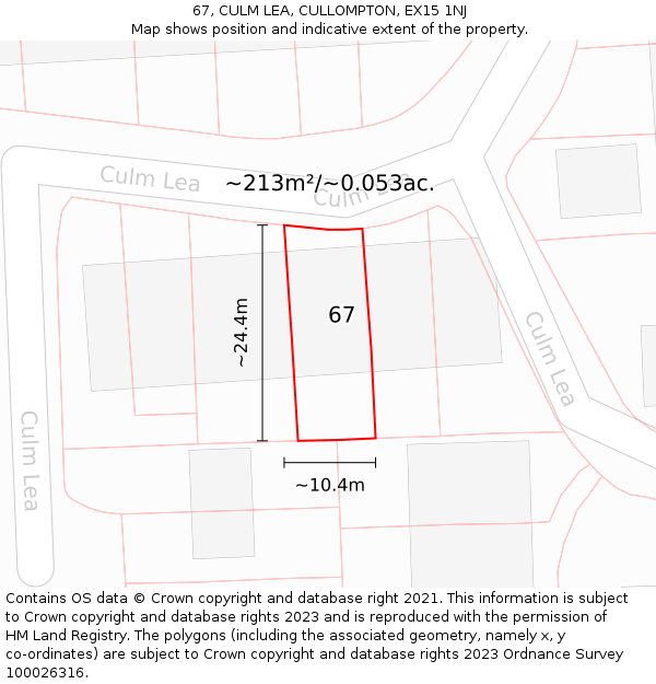 67, CULM LEA, CULLOMPTON, EX15 1NJ: Plot and title map