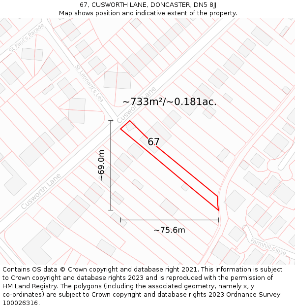 67, CUSWORTH LANE, DONCASTER, DN5 8JJ: Plot and title map