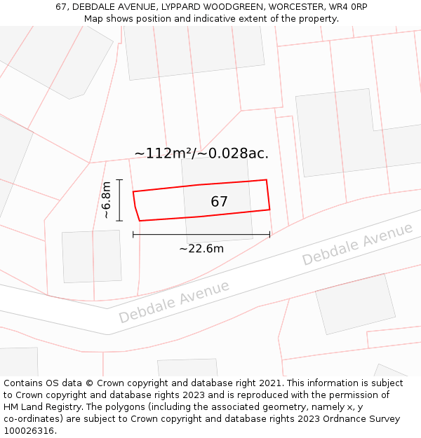 67, DEBDALE AVENUE, LYPPARD WOODGREEN, WORCESTER, WR4 0RP: Plot and title map