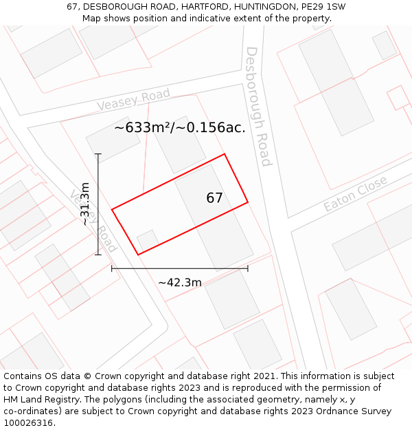 67, DESBOROUGH ROAD, HARTFORD, HUNTINGDON, PE29 1SW: Plot and title map