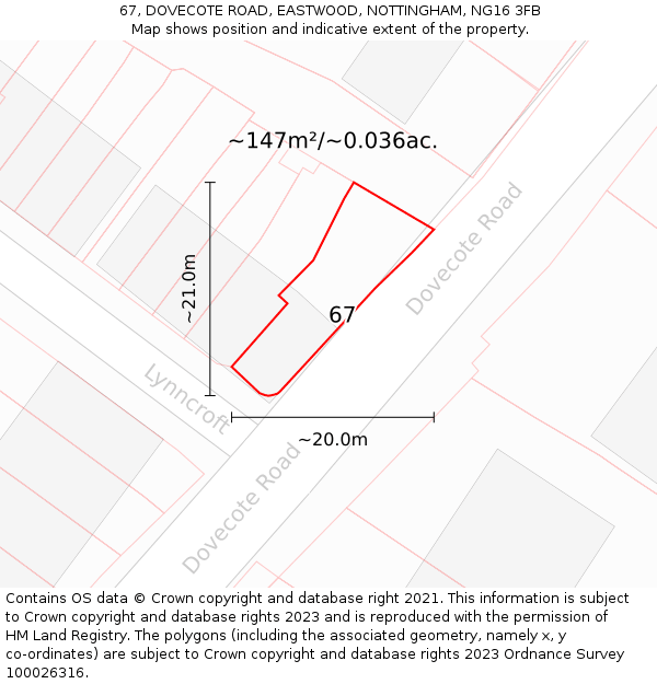 67, DOVECOTE ROAD, EASTWOOD, NOTTINGHAM, NG16 3FB: Plot and title map