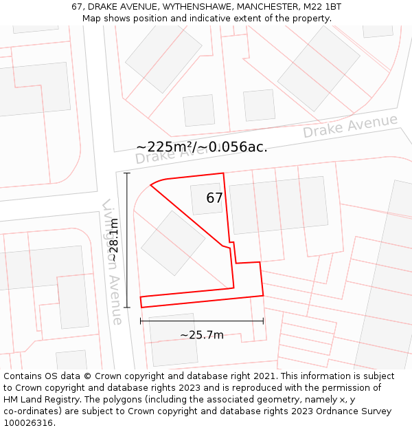 67, DRAKE AVENUE, WYTHENSHAWE, MANCHESTER, M22 1BT: Plot and title map