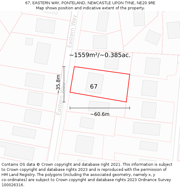 67, EASTERN WAY, PONTELAND, NEWCASTLE UPON TYNE, NE20 9RE: Plot and title map