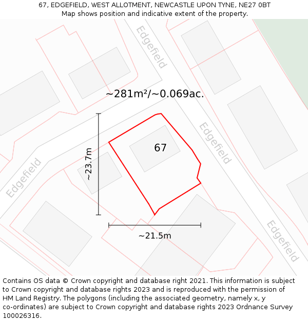 67, EDGEFIELD, WEST ALLOTMENT, NEWCASTLE UPON TYNE, NE27 0BT: Plot and title map