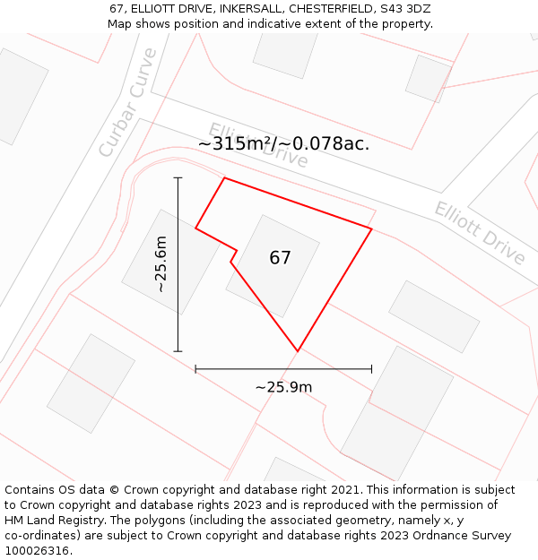67, ELLIOTT DRIVE, INKERSALL, CHESTERFIELD, S43 3DZ: Plot and title map