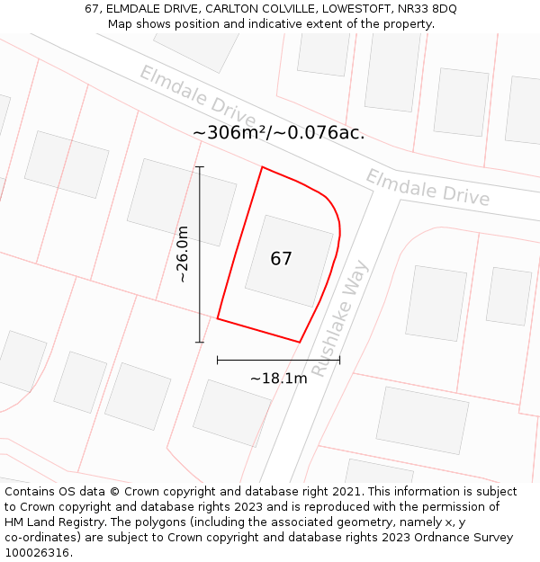 67, ELMDALE DRIVE, CARLTON COLVILLE, LOWESTOFT, NR33 8DQ: Plot and title map