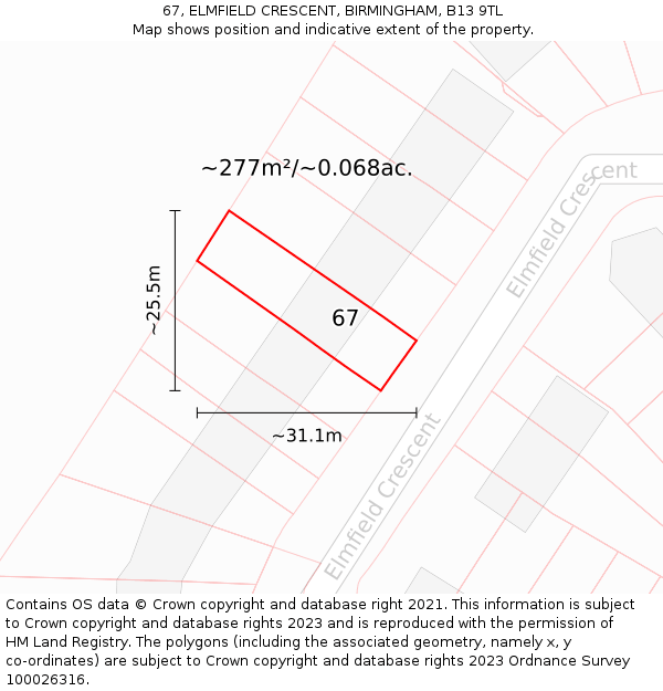 67, ELMFIELD CRESCENT, BIRMINGHAM, B13 9TL: Plot and title map