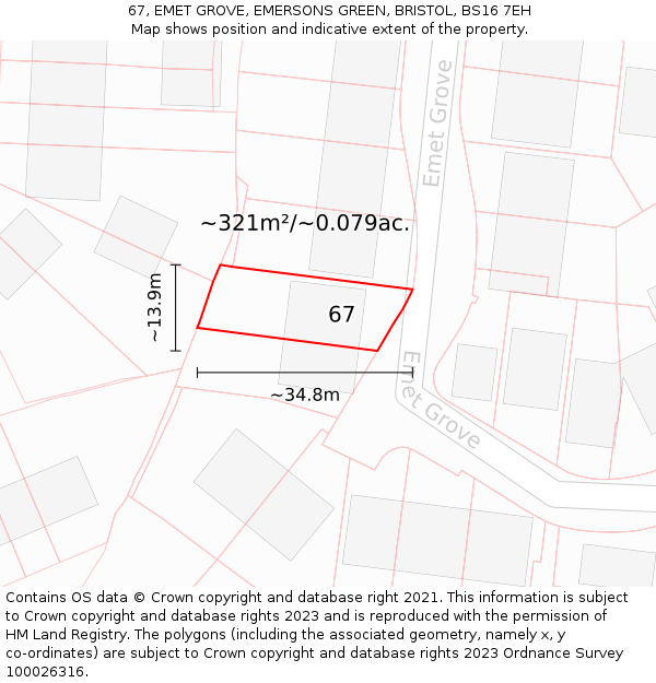 67, EMET GROVE, EMERSONS GREEN, BRISTOL, BS16 7EH: Plot and title map