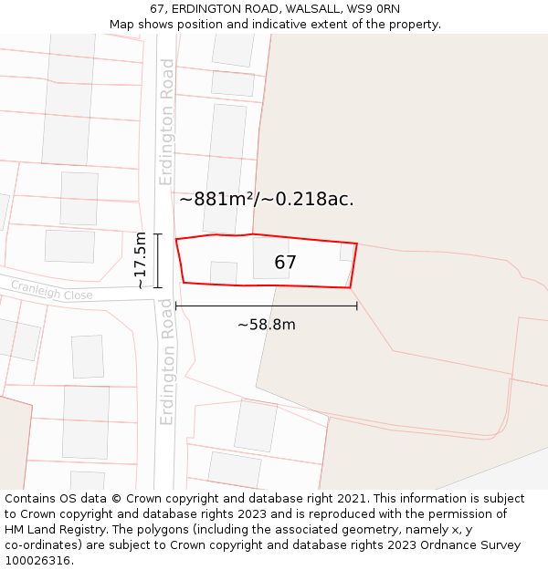 67, ERDINGTON ROAD, WALSALL, WS9 0RN: Plot and title map