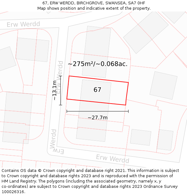 67, ERW WERDD, BIRCHGROVE, SWANSEA, SA7 0HF: Plot and title map