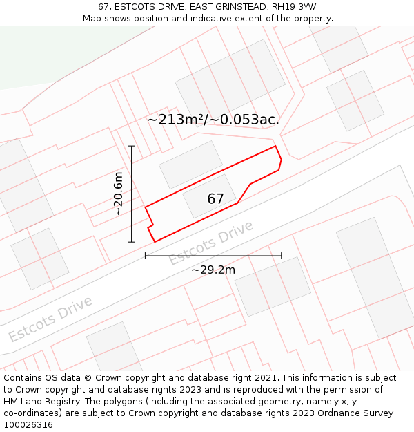 67, ESTCOTS DRIVE, EAST GRINSTEAD, RH19 3YW: Plot and title map