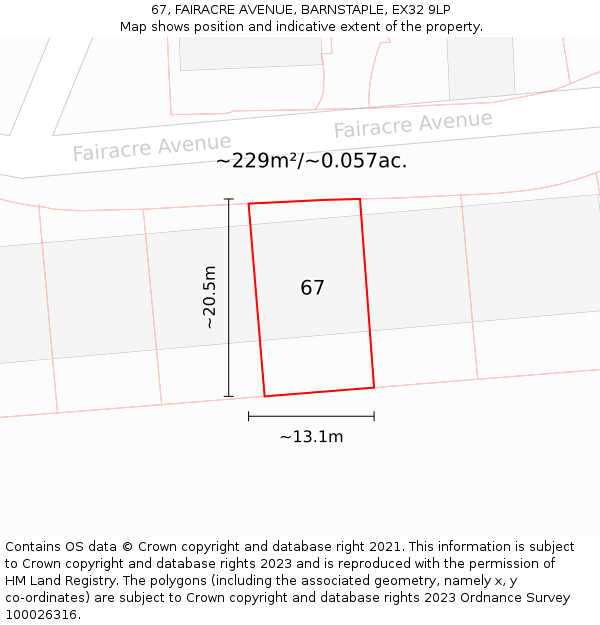 67, FAIRACRE AVENUE, BARNSTAPLE, EX32 9LP: Plot and title map