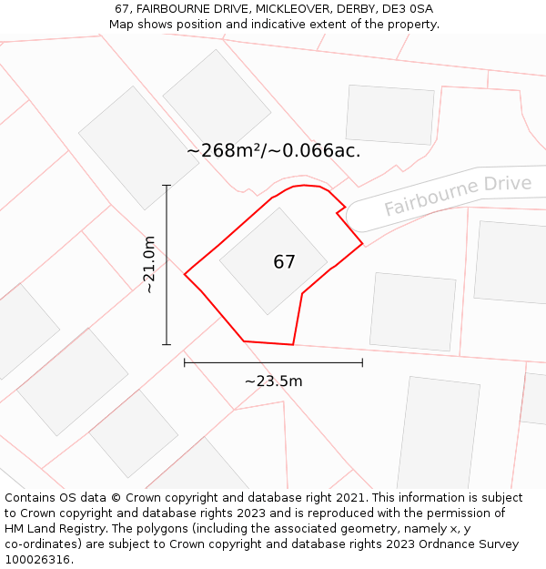 67, FAIRBOURNE DRIVE, MICKLEOVER, DERBY, DE3 0SA: Plot and title map
