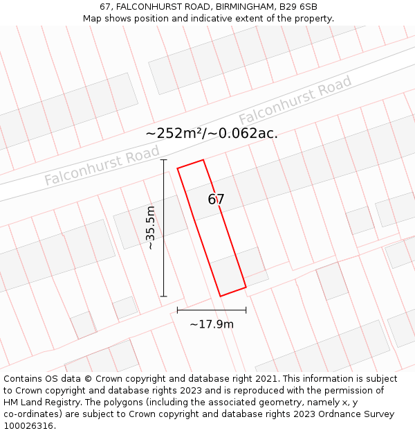 67, FALCONHURST ROAD, BIRMINGHAM, B29 6SB: Plot and title map