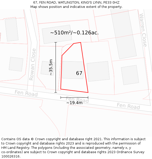 67, FEN ROAD, WATLINGTON, KING'S LYNN, PE33 0HZ: Plot and title map