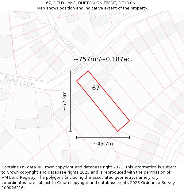 67, FIELD LANE, BURTON-ON-TRENT, DE13 0NH: Plot and title map
