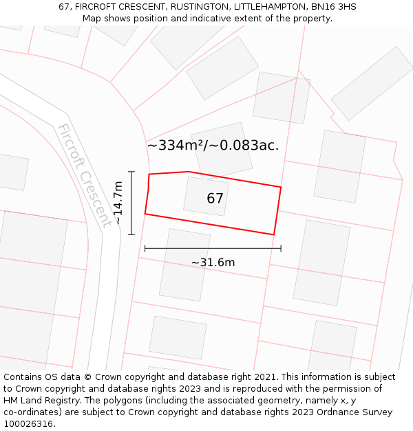 67, FIRCROFT CRESCENT, RUSTINGTON, LITTLEHAMPTON, BN16 3HS: Plot and title map