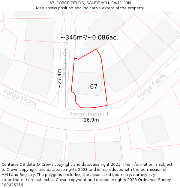 67, FORGE FIELDS, SANDBACH, CW11 3RN: Plot and title map