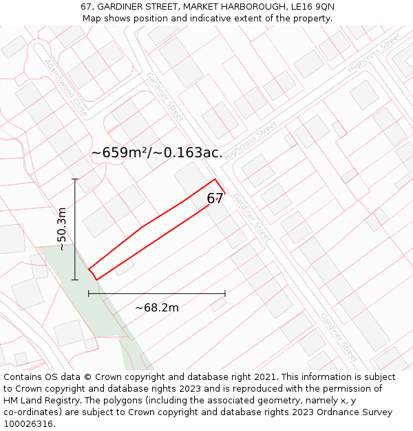 67, GARDINER STREET, MARKET HARBOROUGH, LE16 9QN: Plot and title map