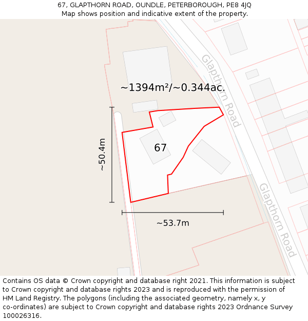 67, GLAPTHORN ROAD, OUNDLE, PETERBOROUGH, PE8 4JQ: Plot and title map