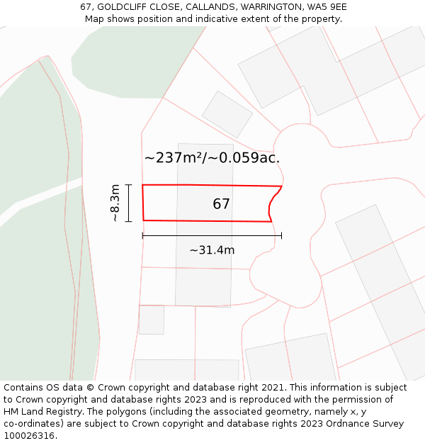 67, GOLDCLIFF CLOSE, CALLANDS, WARRINGTON, WA5 9EE: Plot and title map