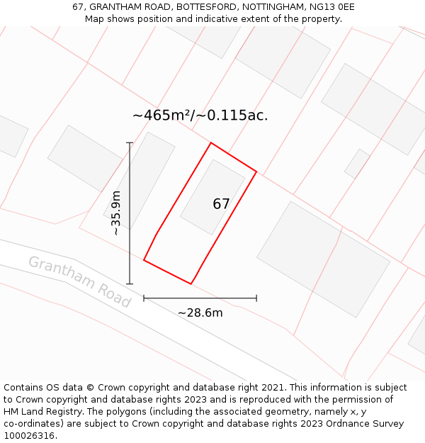67, GRANTHAM ROAD, BOTTESFORD, NOTTINGHAM, NG13 0EE: Plot and title map