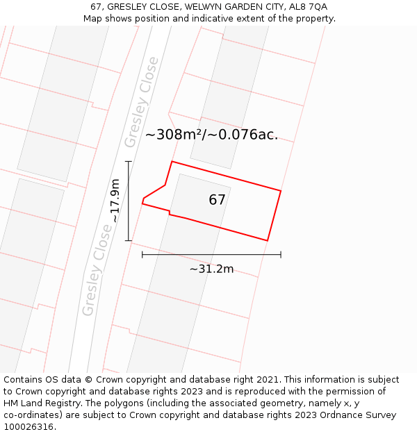 67, GRESLEY CLOSE, WELWYN GARDEN CITY, AL8 7QA: Plot and title map