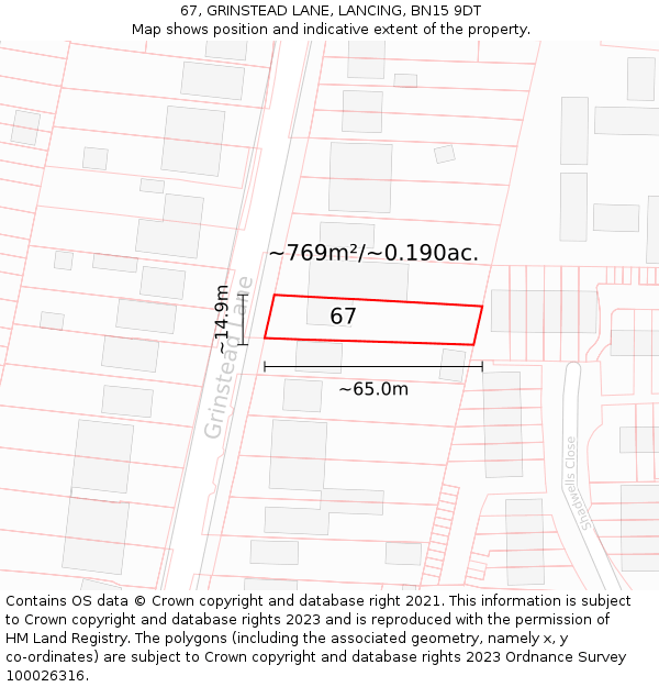 67, GRINSTEAD LANE, LANCING, BN15 9DT: Plot and title map