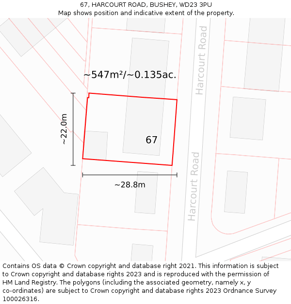 67, HARCOURT ROAD, BUSHEY, WD23 3PU: Plot and title map