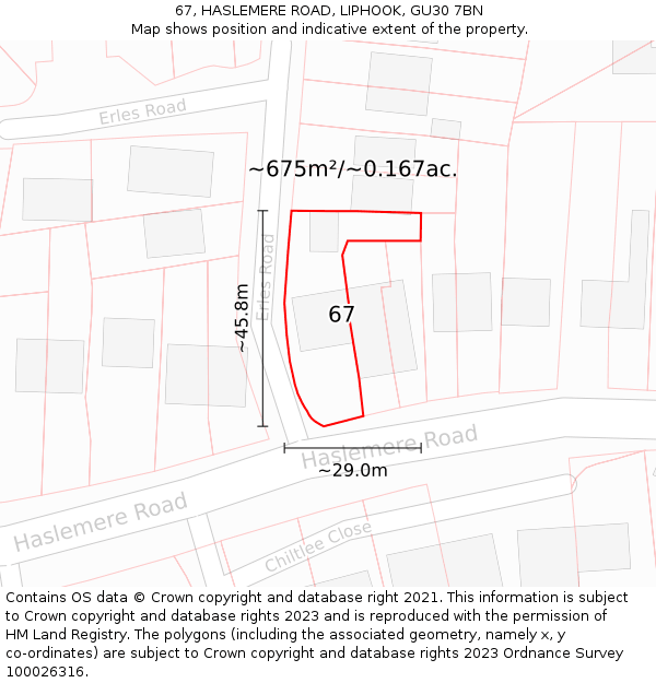 67, HASLEMERE ROAD, LIPHOOK, GU30 7BN: Plot and title map