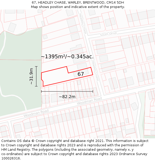 67, HEADLEY CHASE, WARLEY, BRENTWOOD, CM14 5DH: Plot and title map