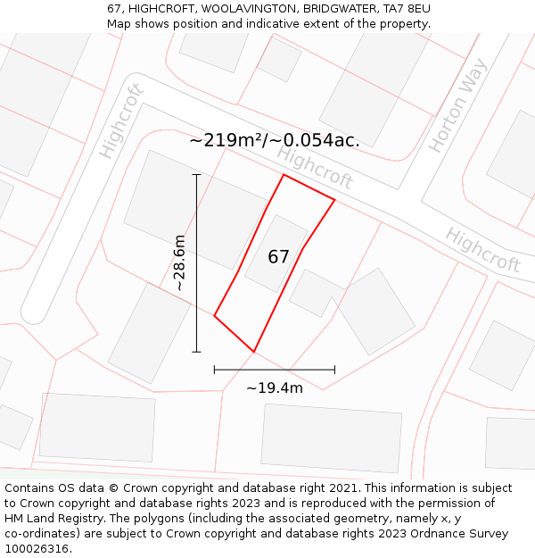 67, HIGHCROFT, WOOLAVINGTON, BRIDGWATER, TA7 8EU: Plot and title map