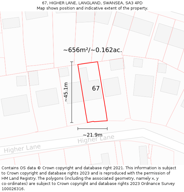 67, HIGHER LANE, LANGLAND, SWANSEA, SA3 4PD: Plot and title map