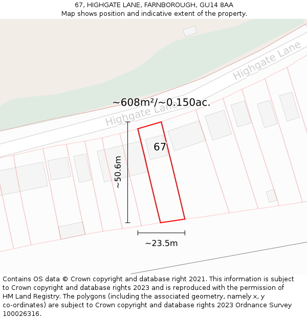 67, HIGHGATE LANE, FARNBOROUGH, GU14 8AA: Plot and title map