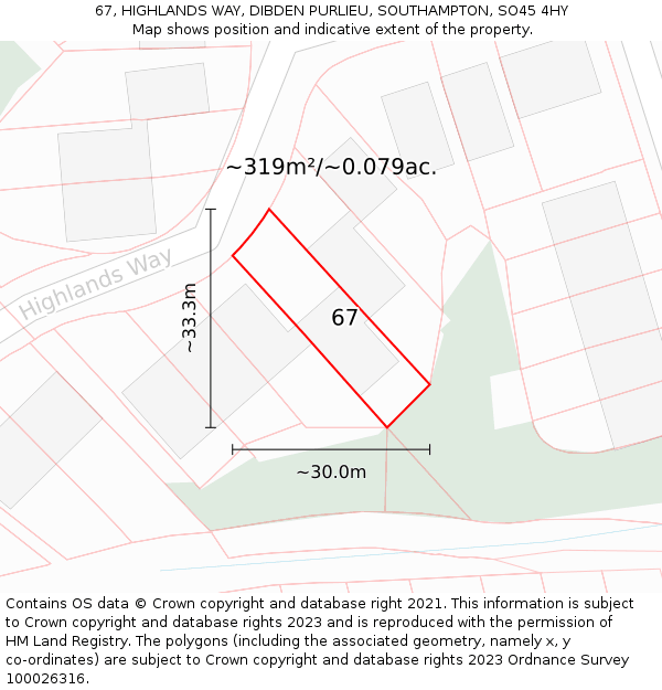 67, HIGHLANDS WAY, DIBDEN PURLIEU, SOUTHAMPTON, SO45 4HY: Plot and title map