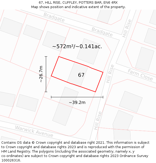 67, HILL RISE, CUFFLEY, POTTERS BAR, EN6 4RX: Plot and title map