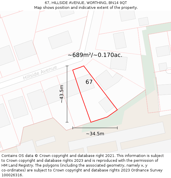 67, HILLSIDE AVENUE, WORTHING, BN14 9QT: Plot and title map