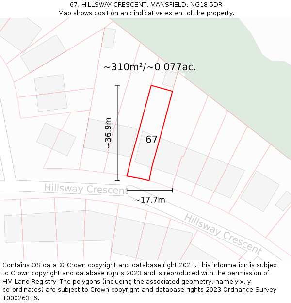 67, HILLSWAY CRESCENT, MANSFIELD, NG18 5DR: Plot and title map