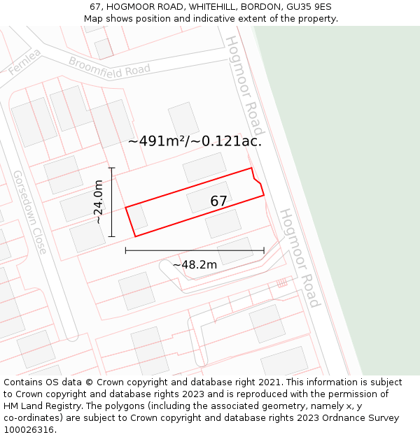 67, HOGMOOR ROAD, WHITEHILL, BORDON, GU35 9ES: Plot and title map