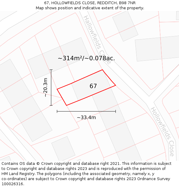 67, HOLLOWFIELDS CLOSE, REDDITCH, B98 7NR: Plot and title map